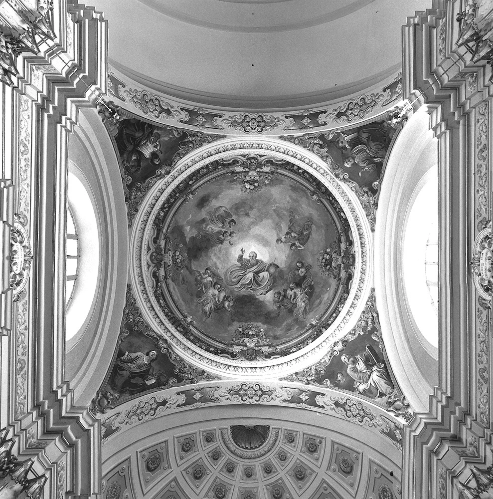 Dio Padre benedicente in gloria; San Marco; San Giovanni; San Luca; San Matteo; finti cassettoni - Castello di Serravalle, Bologna